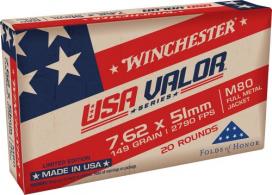 Winchester  USA Valor 7.62x51mm NATO Ammo 149gr Full Metal Jacket 20rd box - USAVM80X