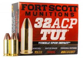 Fort Scott Munitions 32ACP71SCV Tumble Upon Impact (TUI) 32 ACP 71 gr Solid Copper Spun 20 Per Box/ 25 Case - 1111