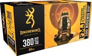 Browning Ammo Training & Practice 380 ACP 95 gr Full Metal Jacket (FMJ) 100 Bx/ 5 Cs (Value Pack) - B191803804